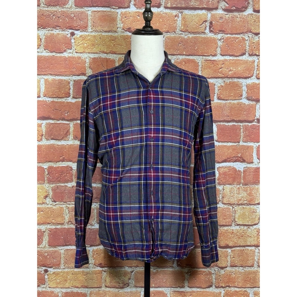 Massimo Dutti Cotton Plaid Flannel Shirt XL Long Sleeve Button Up Italian Fabric